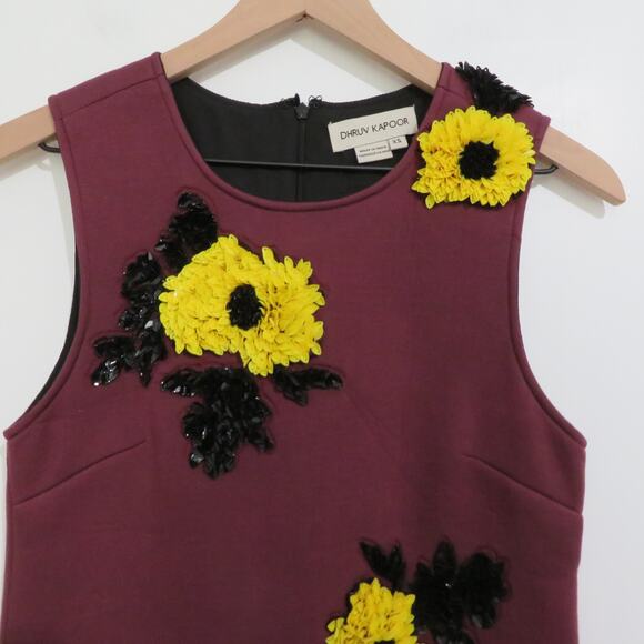 Dhruv Kapoor Anthropologie Women Sz XS Burgundy Yellow Floral Sequin Shift Dress - Picture 3 of 7
